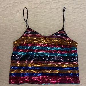 New! WAYF Rainbow Sequin Spaghetti Strap Crop Top Size M